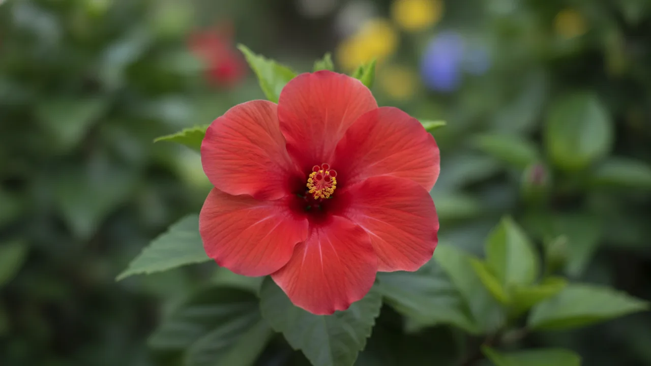 Red Tropical Hibiscus (Hibiscus rosa-sinensis) - red flowers, illustrated plant card