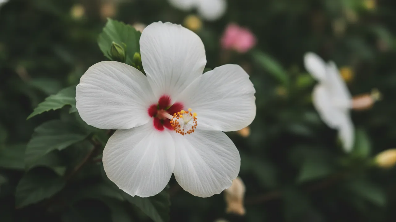 White Tropical Hibiscus (Hibiscus rosa-sinensis) - white flowers, illustrated plant card