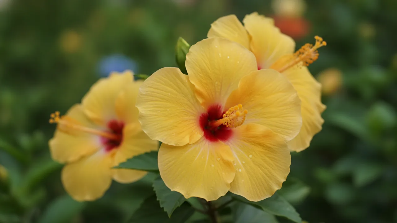 Yellow Tropical Hibiscus (Hibiscus rosa-sinensis) - yellow flowers, illustrated plant card