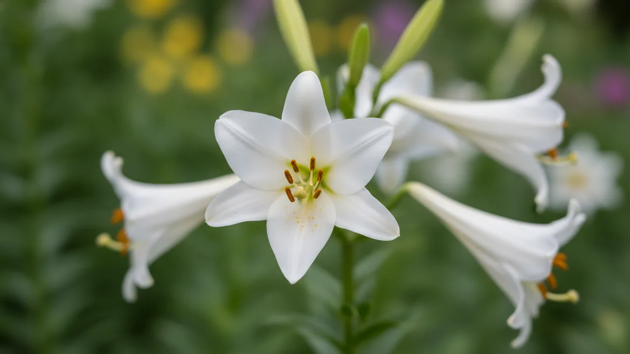 Trumpet Lily (Lilium) - white flowers, illustrated plant card