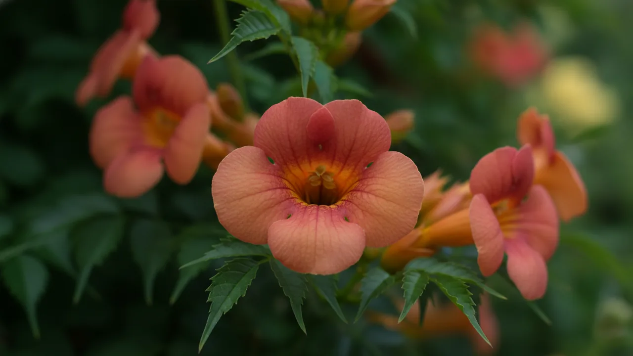 Madame Galen (Campsis × tagliabuana 'Madame Galen') - orange flowers, illustrated plant card