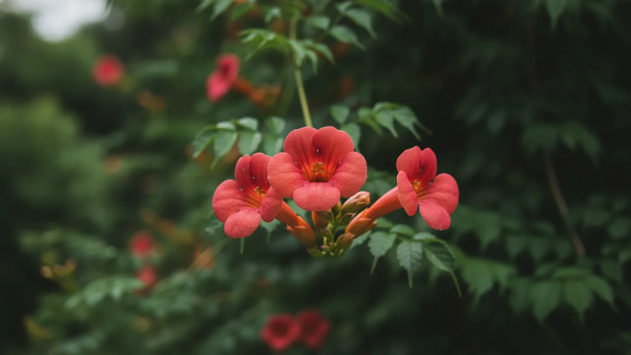 Crimson Trumpet (Campsis radicans 'Crimson Trumpet') - red flowers, illustrated plant card