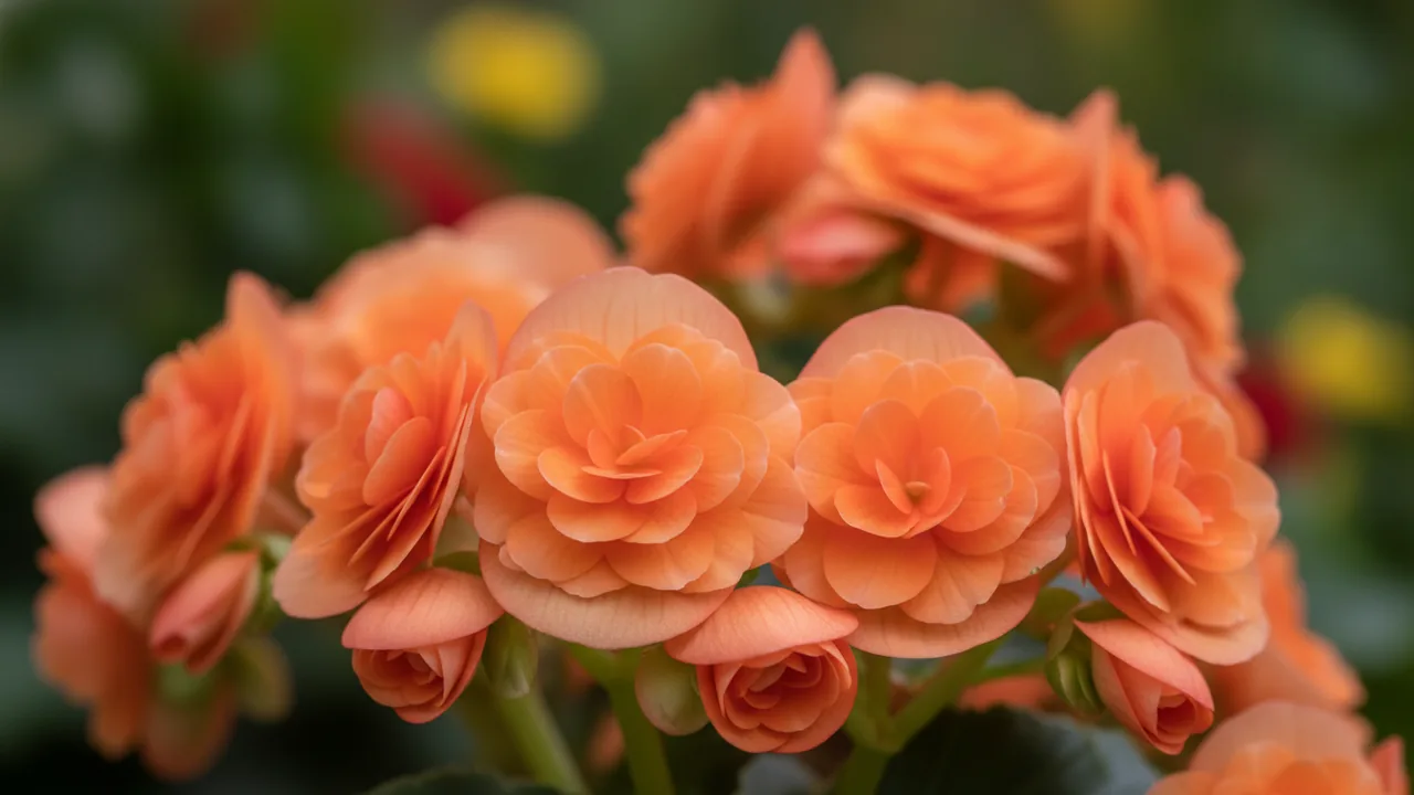 Apricot Tuberous Begonia (Begonia × tuberhybrida) - orange flowers, illustrated plant card