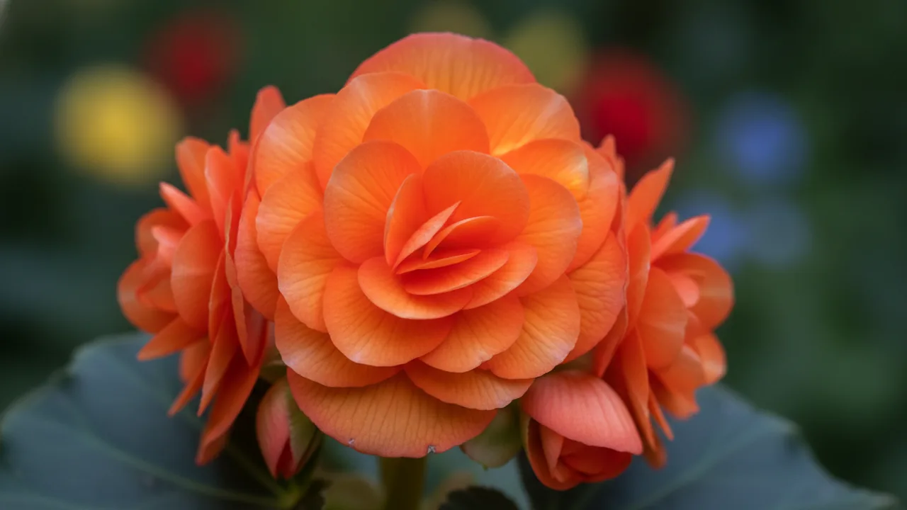 Orange Tuberous Begonia (Begonia × tuberhybrida) - orange flowers, illustrated plant card