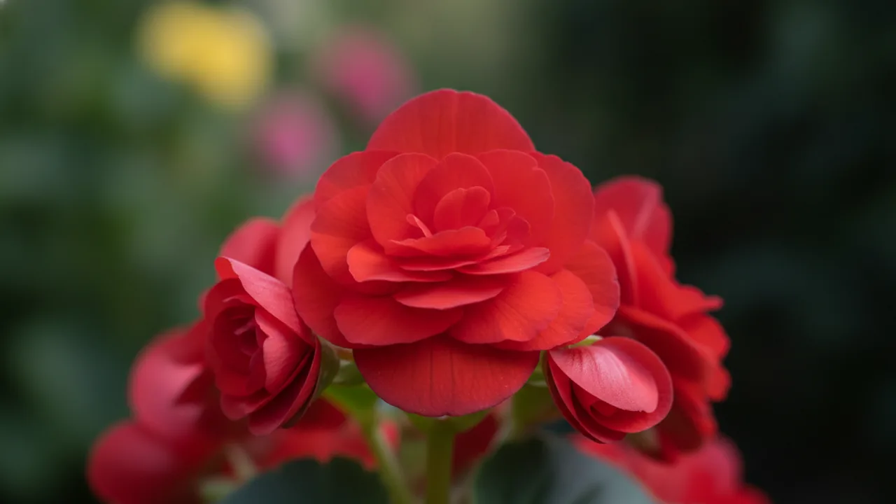 Nonstop Red Begonia (Begonia × tuberhybrida 'Nonstop Red') - red flowers, illustrated plant card