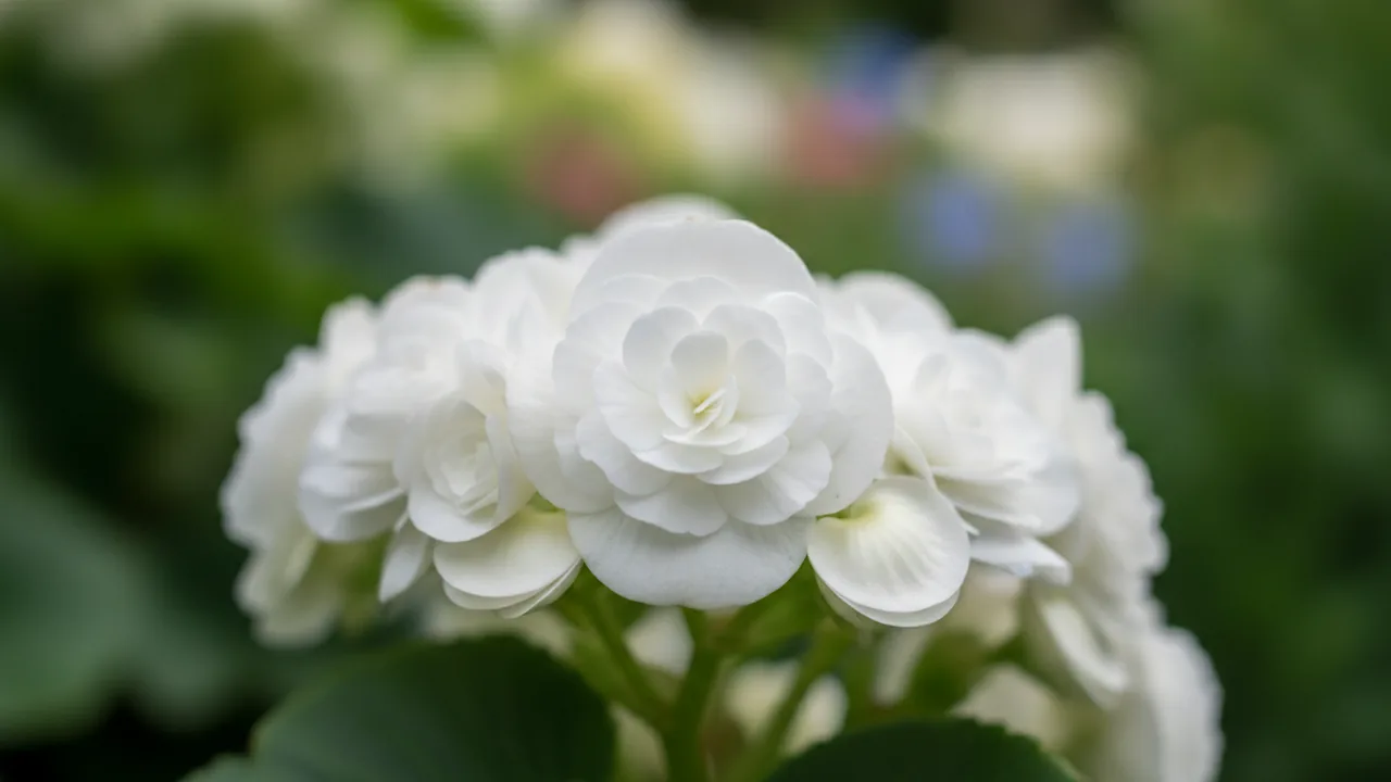 White Tuberous Begonia (Begonia × tuberhybrida) - white flowers, illustrated plant card