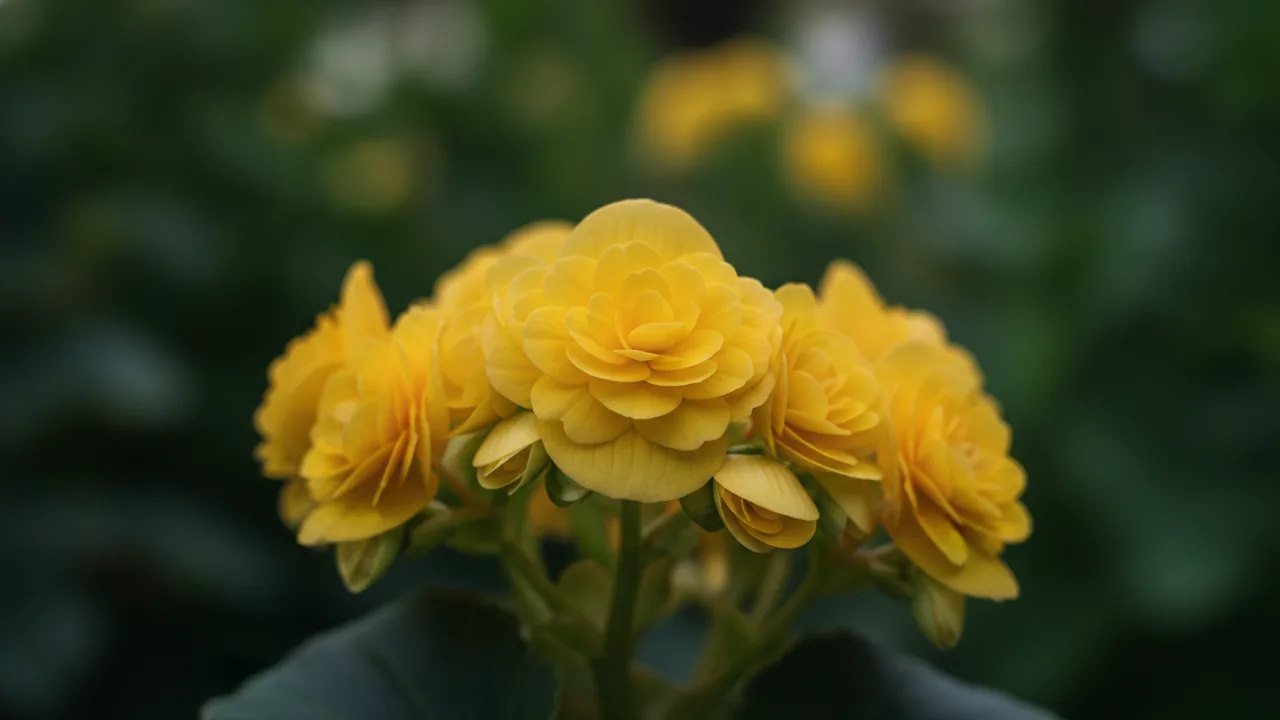 Yellow Tuberous Begonia (Begonia × tuberhybrida) - yellow flowers, illustrated plant card