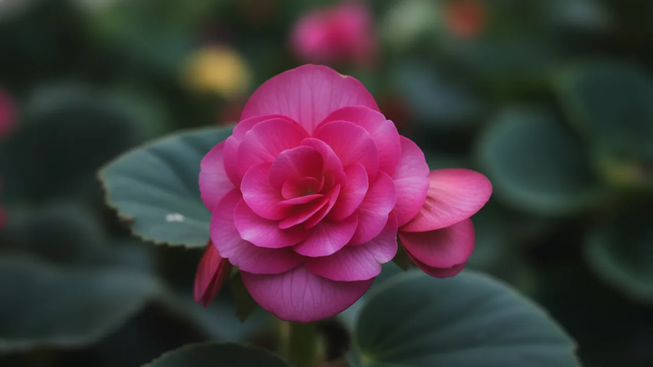 Tuberous Begonia (Begonia × tuberhybrida) - pink flowers, illustrated plant card