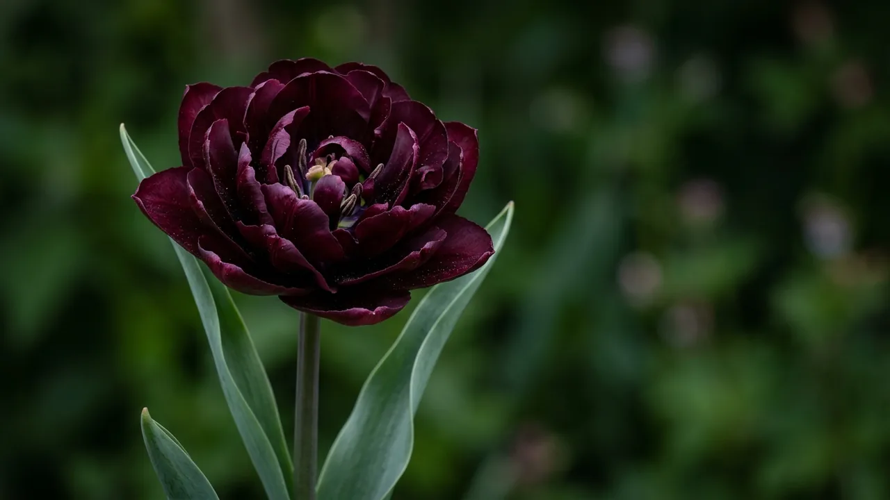 Black Hero Double Peony Tulip (Tulipa 'Black Hero') - purple flowers, illustrated plant card