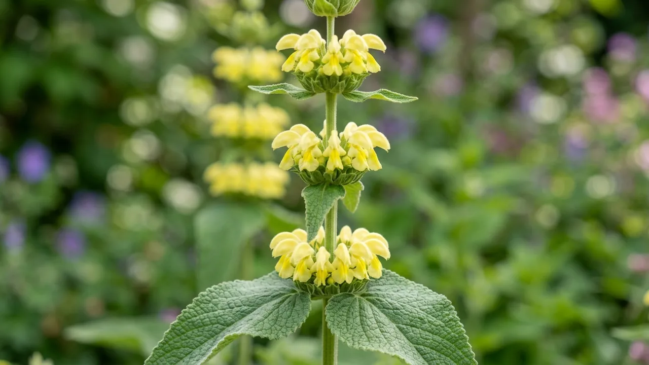 Turkish Sage (Phlomis russeliana) - yellow flowers, illustrated plant card