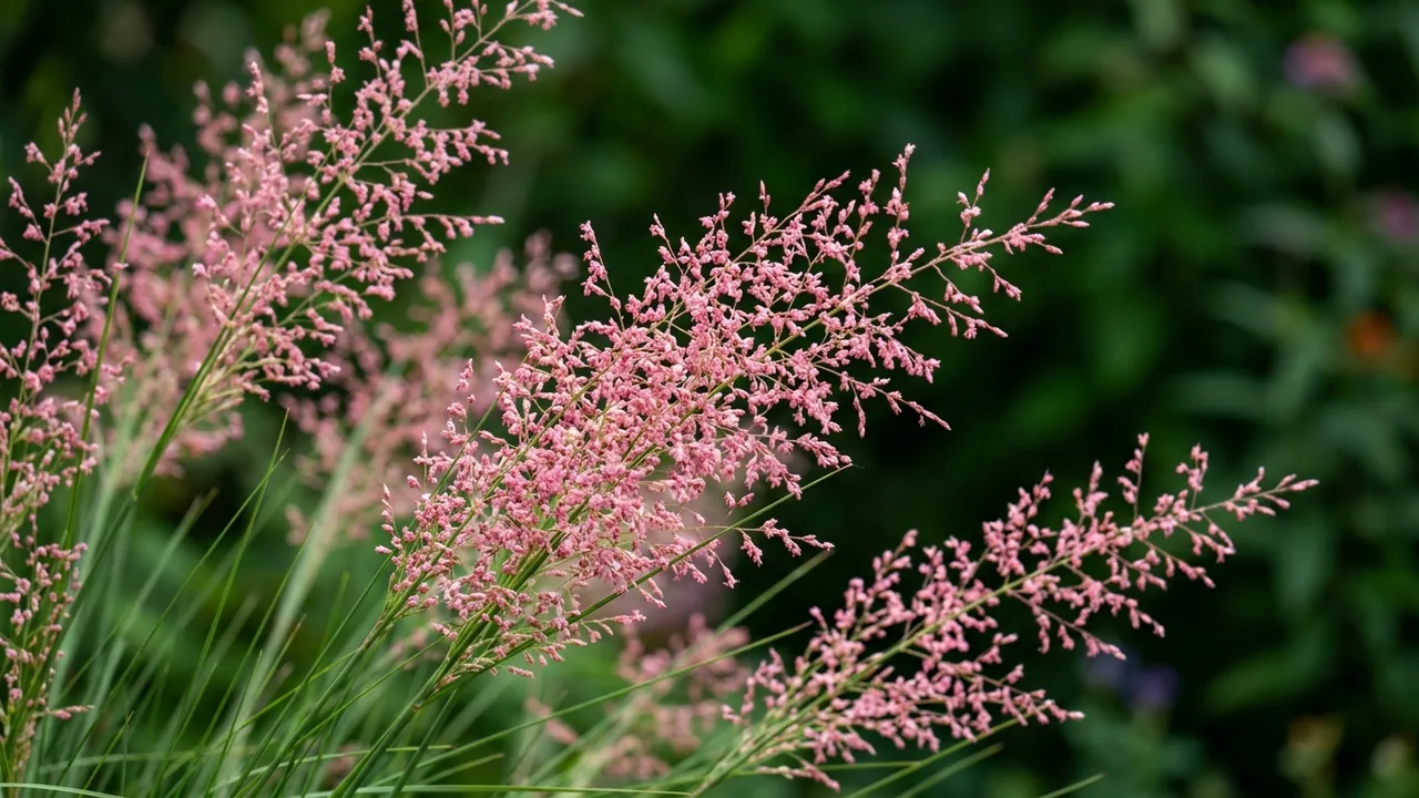 Undaunted Muhly Grass (Muhlenbergia reverchonii 'Pund01s') - pink flowers, illustrated plant card