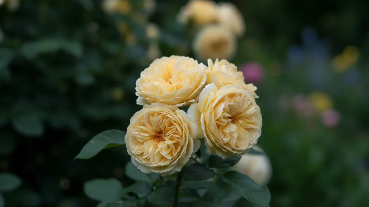 Vanessa Bell (Rosa 'Auseasel') - yellow flowers, illustrated plant card