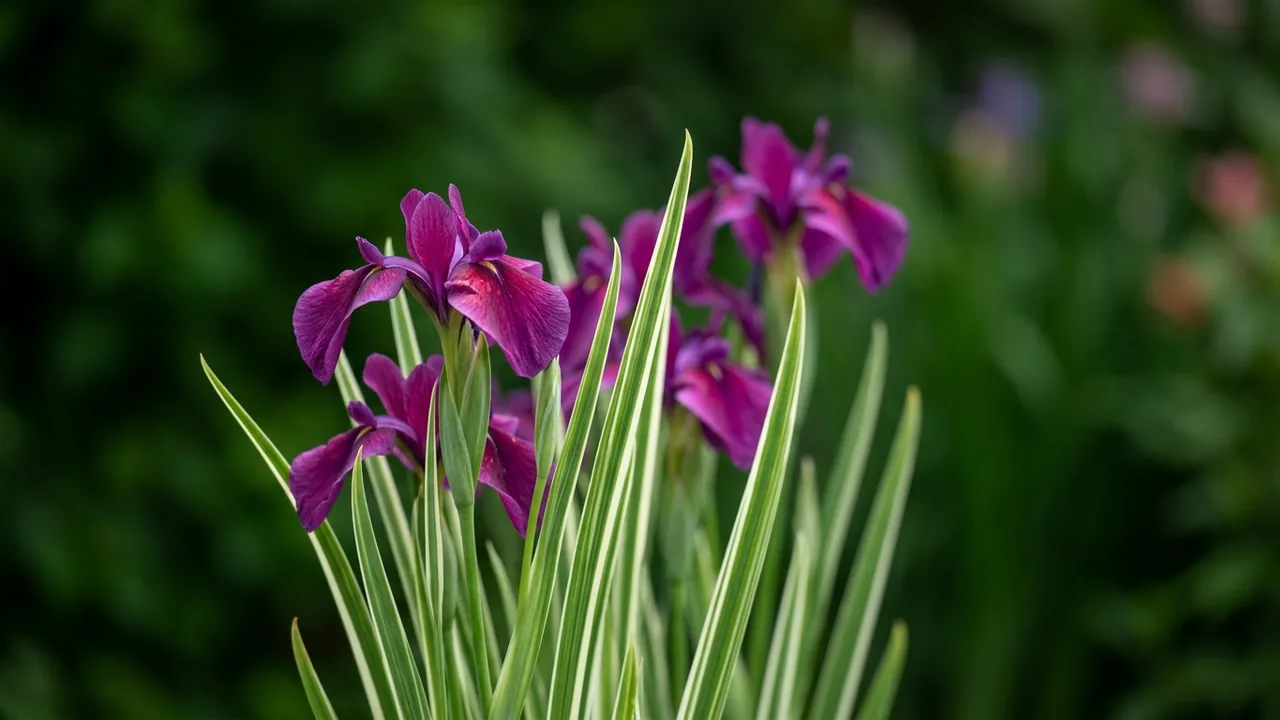 Variegated Japanese Water Iris (Iris ensata 'Variegata') - purple flowers, illustrated plant card