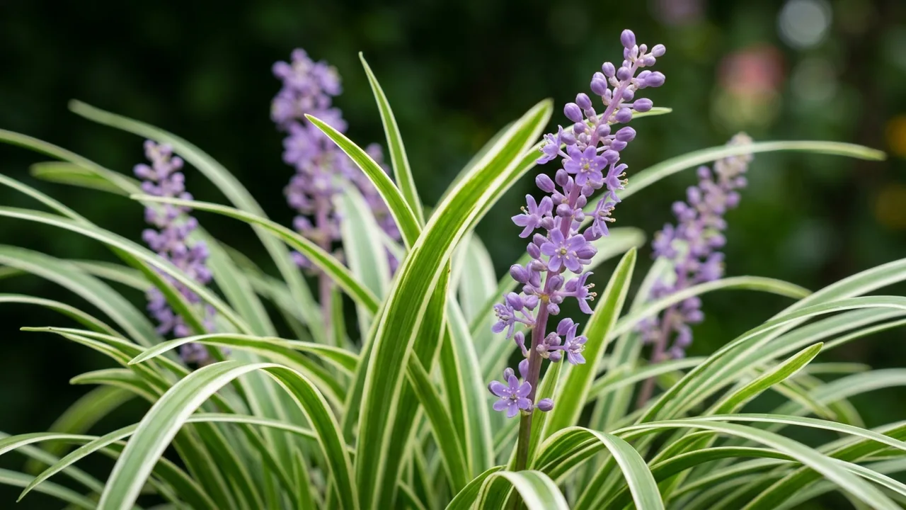 Variegated Lilyturf (Liriope muscari 'Variegata') - foliage plant, illustrated plant card