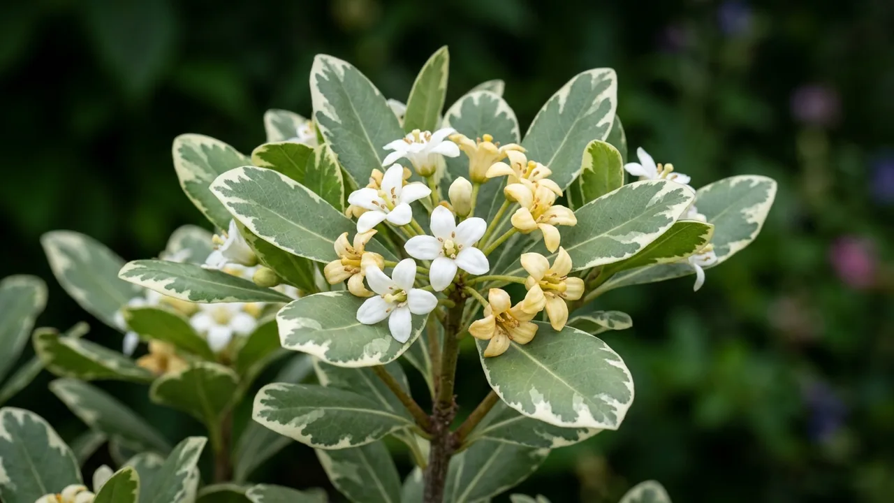 Variegated Pittosporum (Pittosporum tobira 'Variegatum') - foliage plant, illustrated plant card