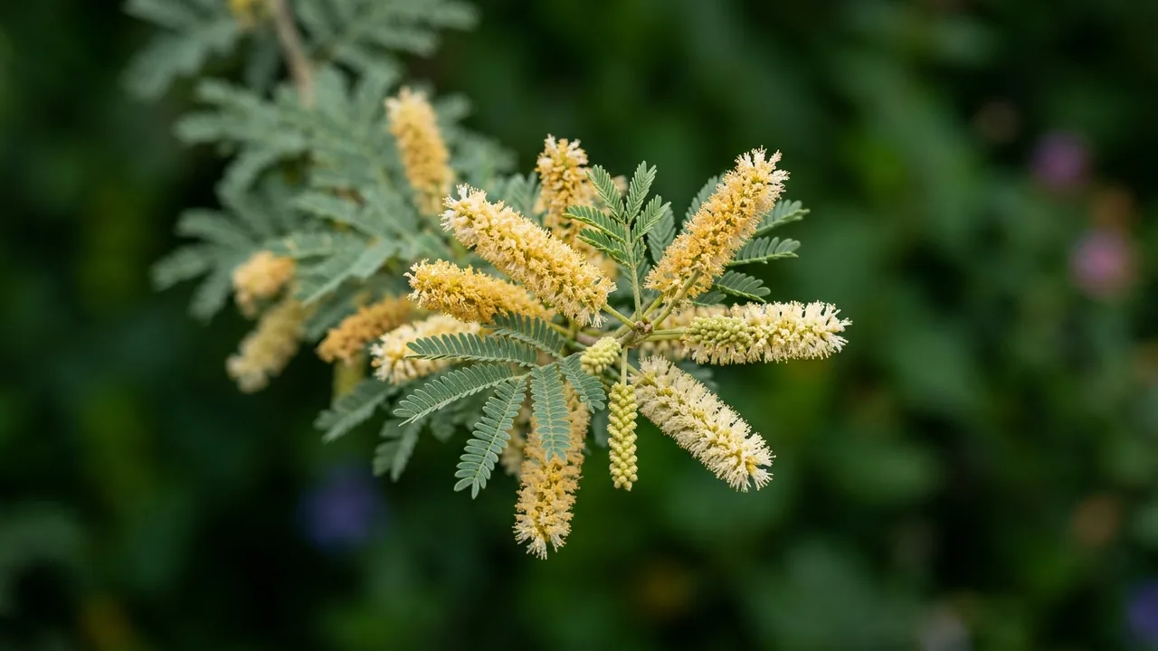 Velvet Mesquite (Neltuma velutina) - yellow flowers, illustrated plant card