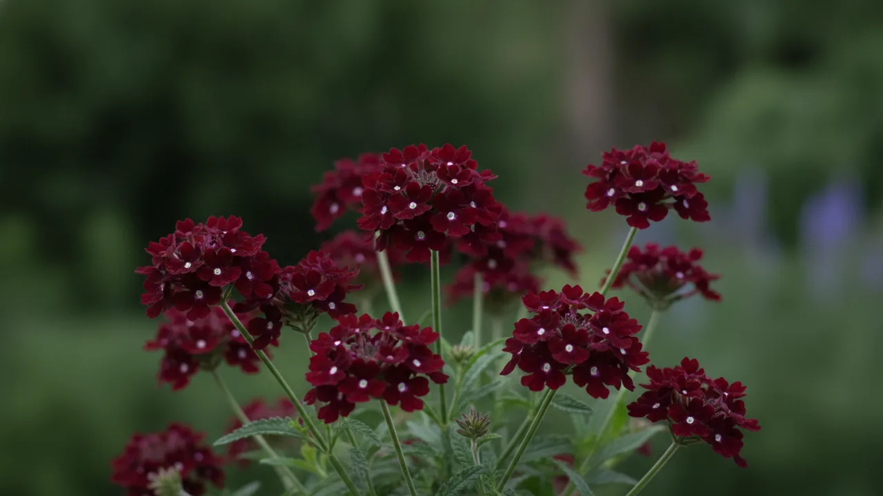 Plum Wine (Verbena 'Superbena Royale Plum Wine') - red flowers, illustrated plant card