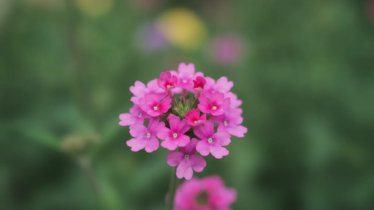 Pink Verbena (Verbena × hybrida) - pink flowers, illustrated plant card