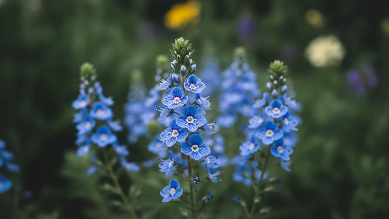 Crater Lake Blue (Veronica austriaca ssp. teucrium 'Crater Lake Blue') - blue flowers, illustrated plant card