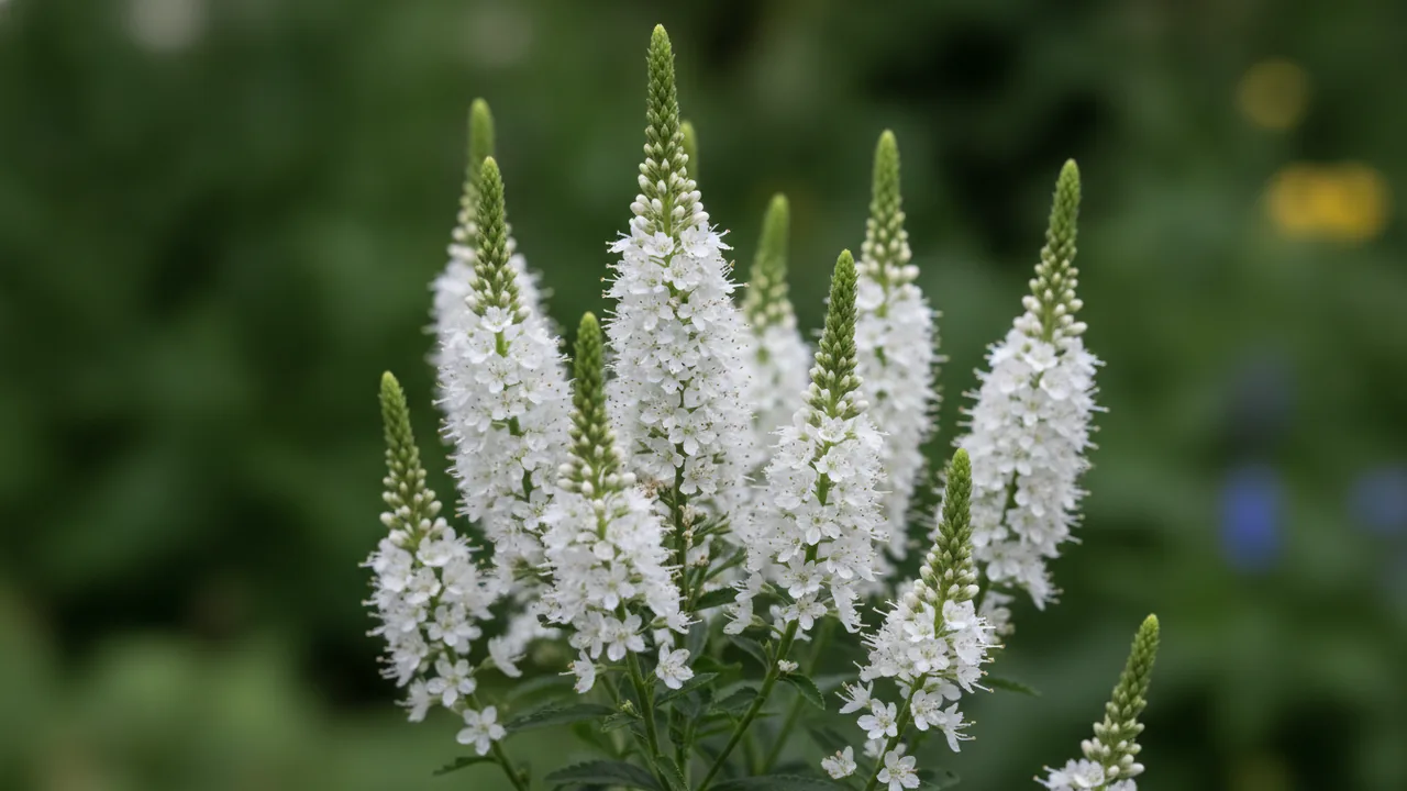 Snow Candles (Veronica 'Snow Candles') - white flowers, illustrated plant card