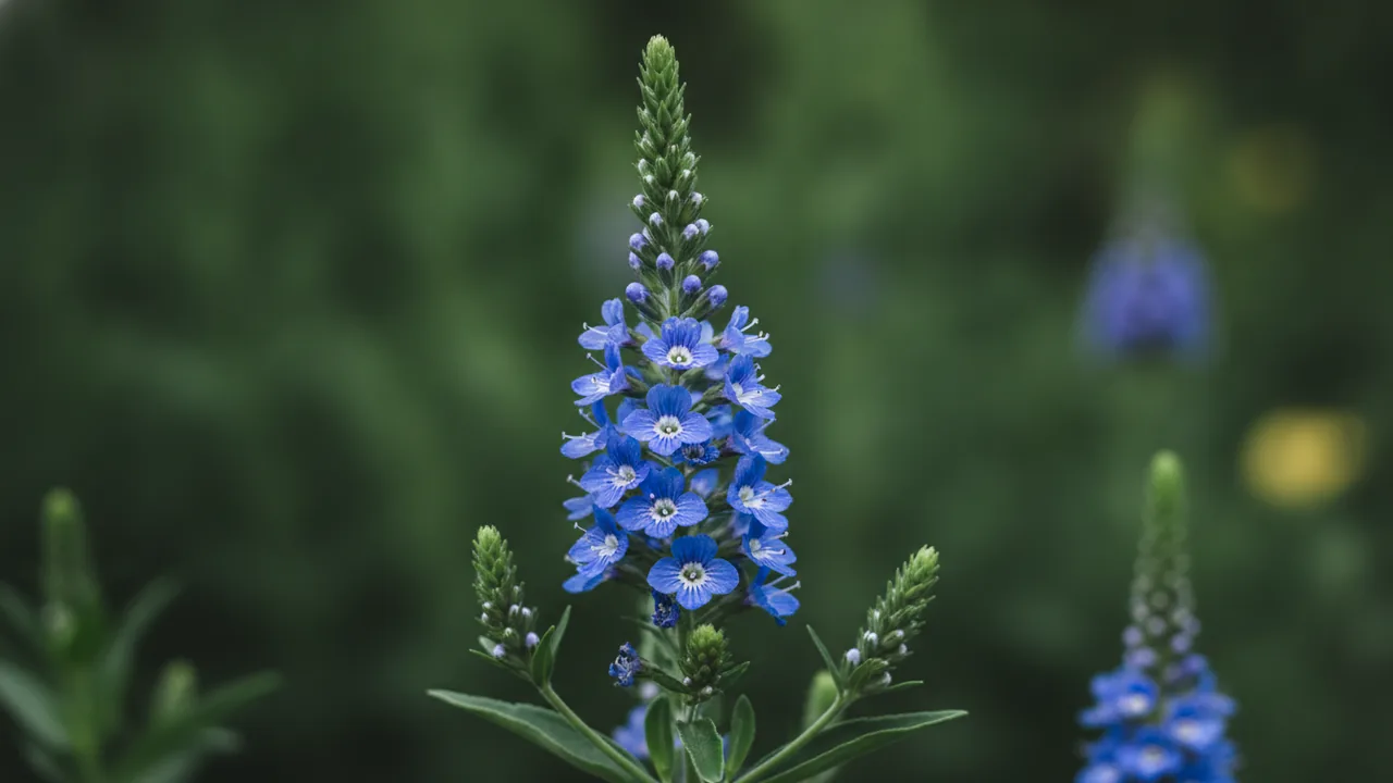 Sunny Border Blue (Veronica 'Sunny Border Blue') - blue flowers, illustrated plant card