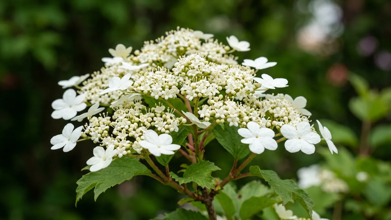 American Cranberrybush Viburnum (Viburnum opulus var. americanum) - white flowers, illustrated plant card