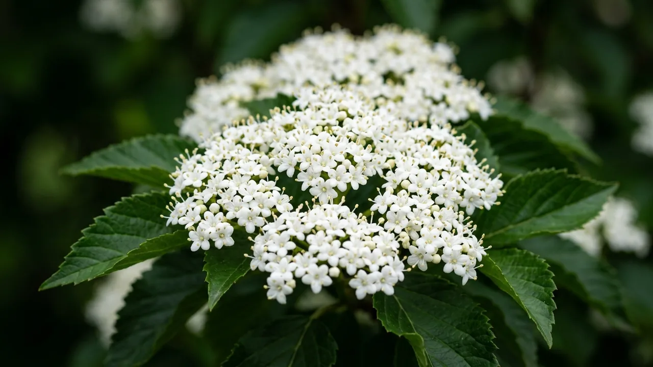 Blue Blaze Viburnum (Viburnum dentatum 'Blubzam') - white flowers, illustrated plant card