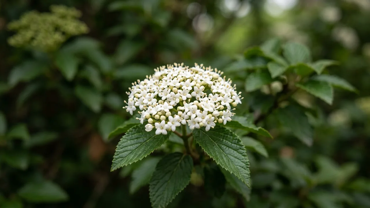 Blue Muffin Viburnum (Viburnum dentatum 'Christom') - white flowers, illustrated plant card