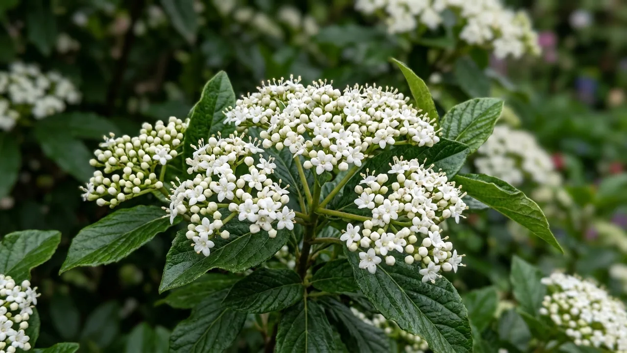 Brandywine Viburnum (Viburnum nudum 'Bulk') - white flowers, illustrated plant card
