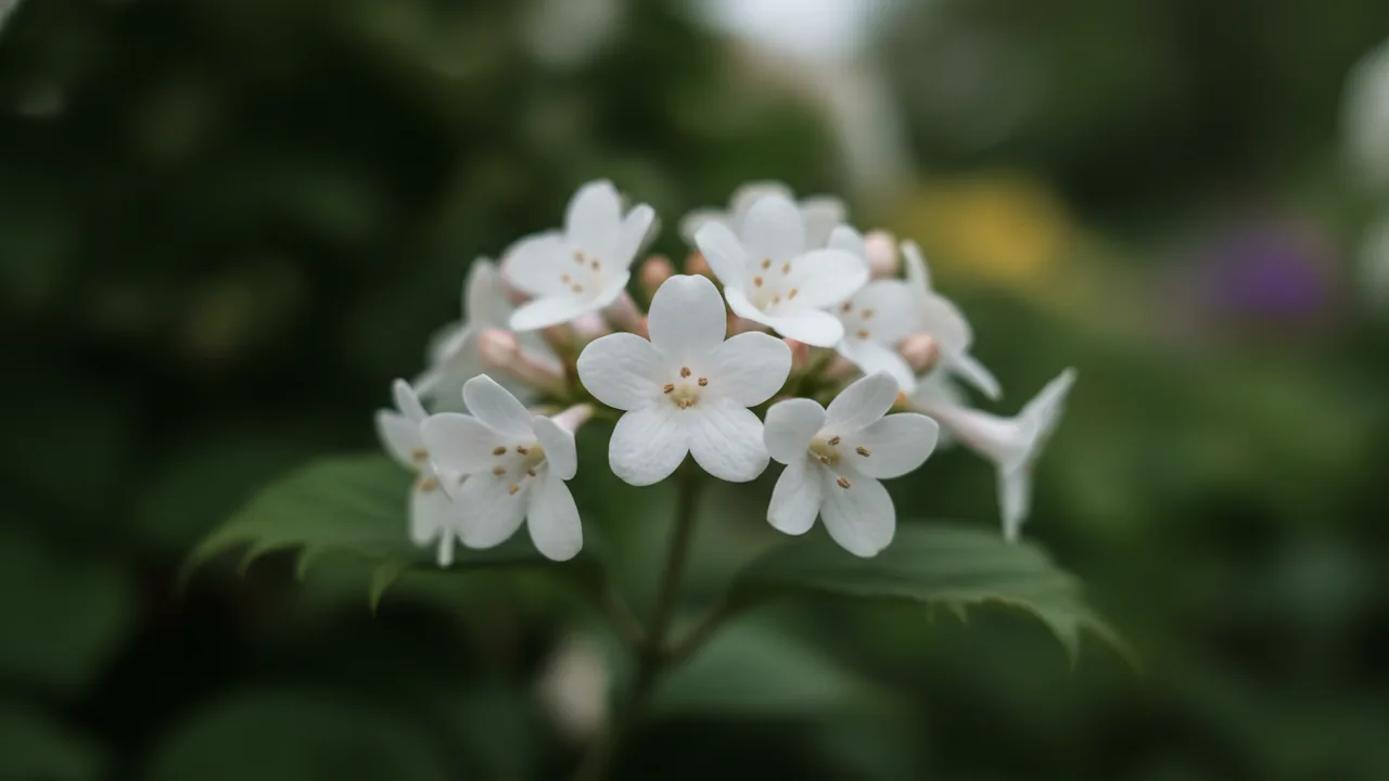 Burkwood (Viburnum × burkwoodii) - white flowers, illustrated plant card
