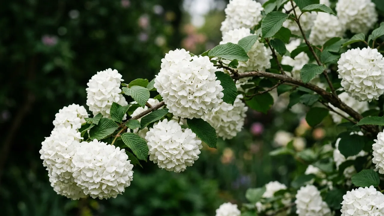 Chinese Snowball Viburnum (Viburnum macrocephalum 'Sterile') - white flowers, illustrated plant card