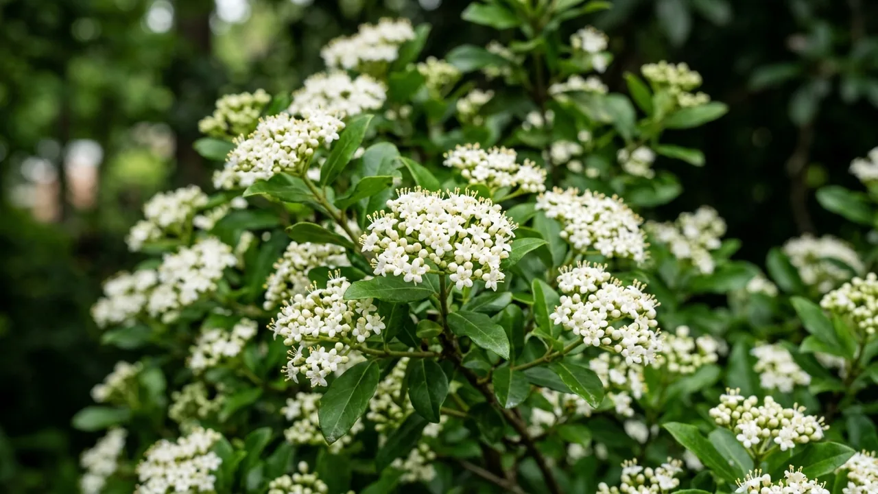 Possumhaw Viburnum (Viburnum nudum) - white flowers, illustrated plant card