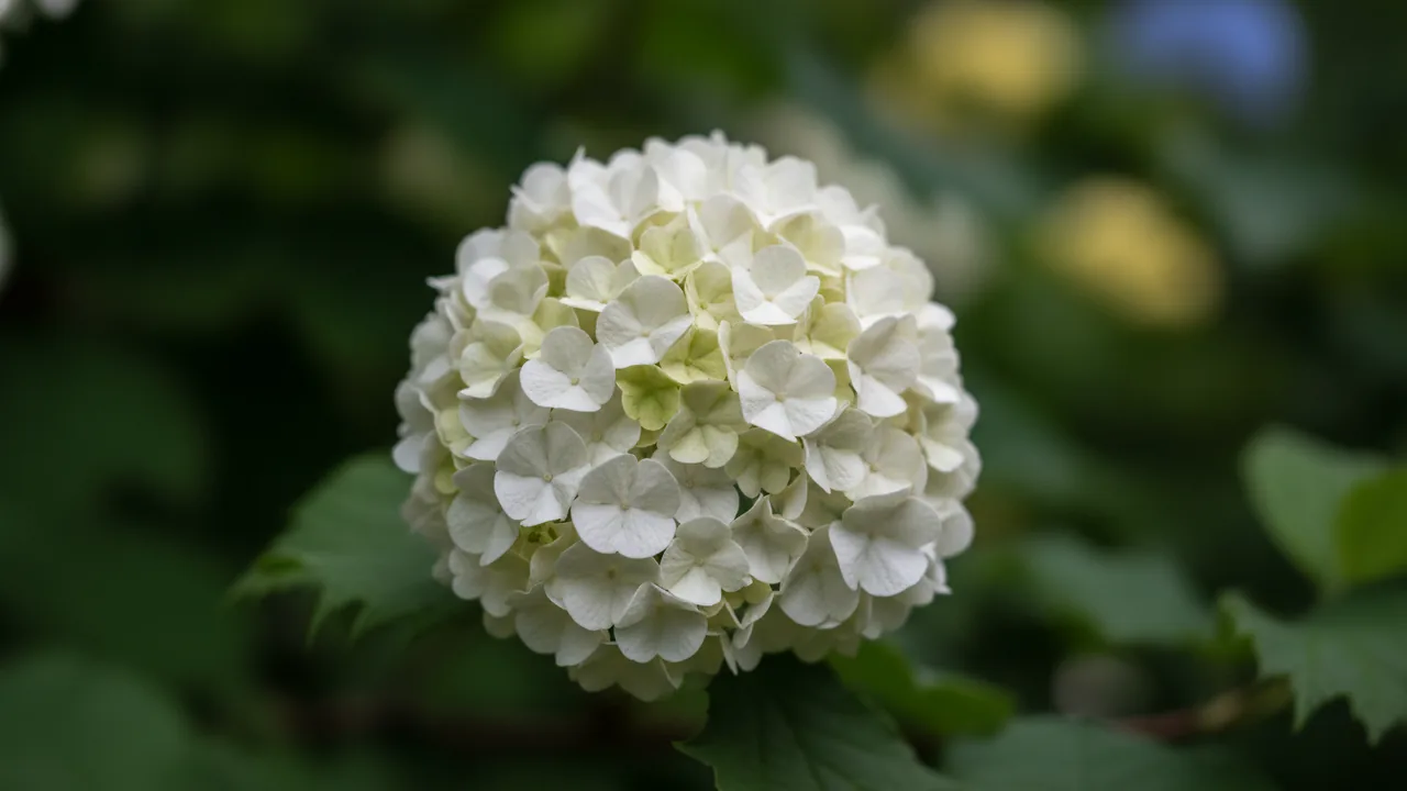 European Snowball (Viburnum opulus 'Roseum') - white flowers, illustrated plant card