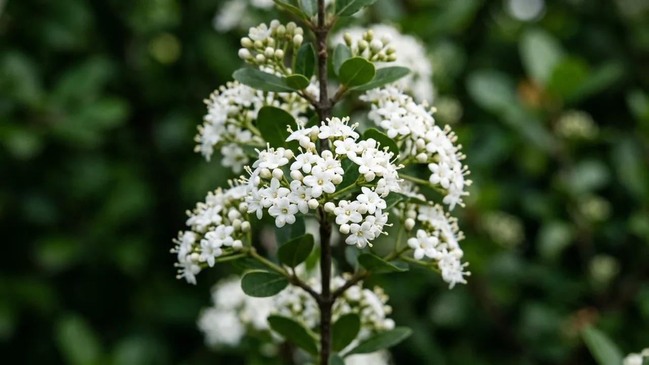 Walter's Viburnum (Viburnum obovatum) - white flowers, illustrated plant card