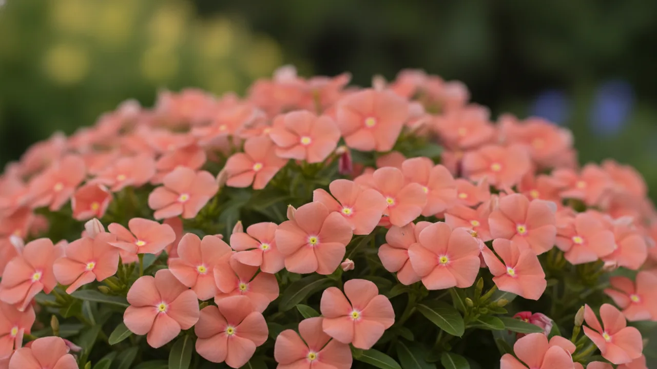 Apricot Vinca (Catharanthus roseus) - orange flowers, illustrated plant card