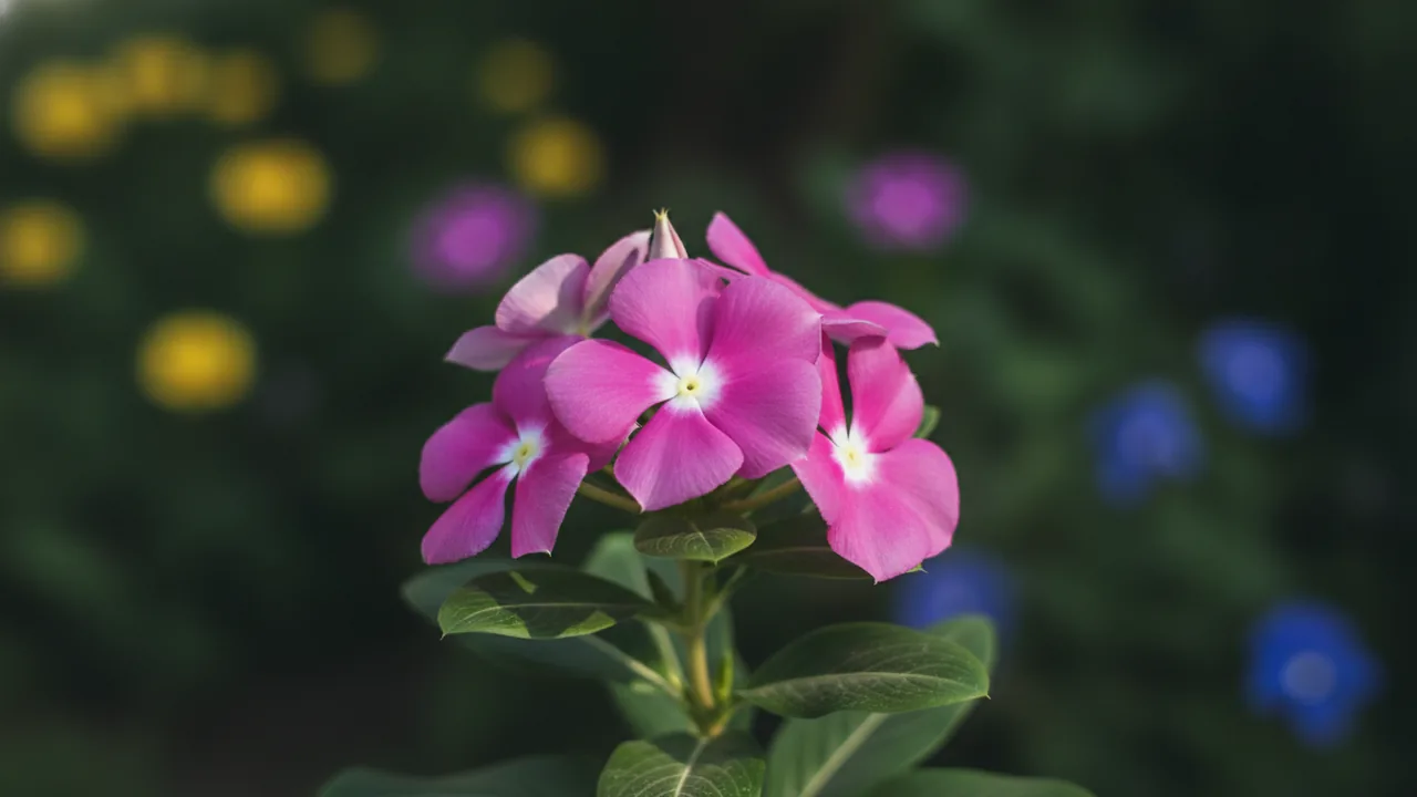 Rose Vinca (Catharanthus roseus) - pink flowers, illustrated plant card
