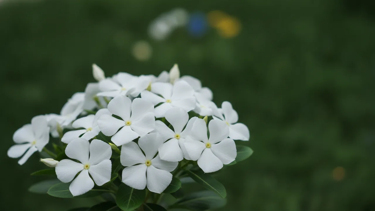 White Vinca (Catharanthus roseus) - white flowers, illustrated plant card