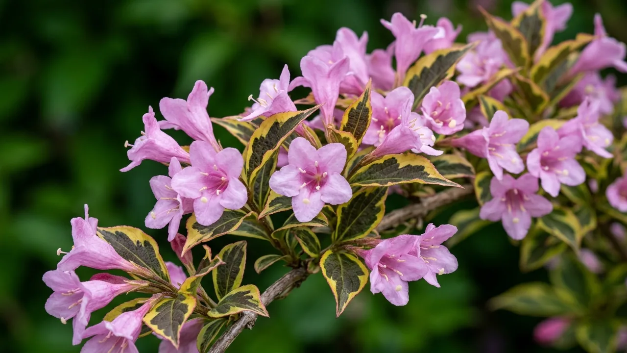 Bubbly Wine Weigela (Weigela florida 'FLORACLAR') - foliage plant, illustrated plant card
