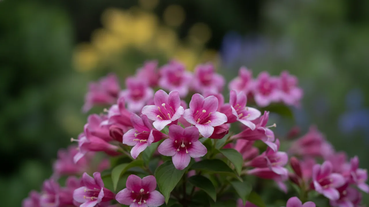 Czechmark Trilogy (Weigela 'Czechmark Trilogy') - pink flowers, illustrated plant card