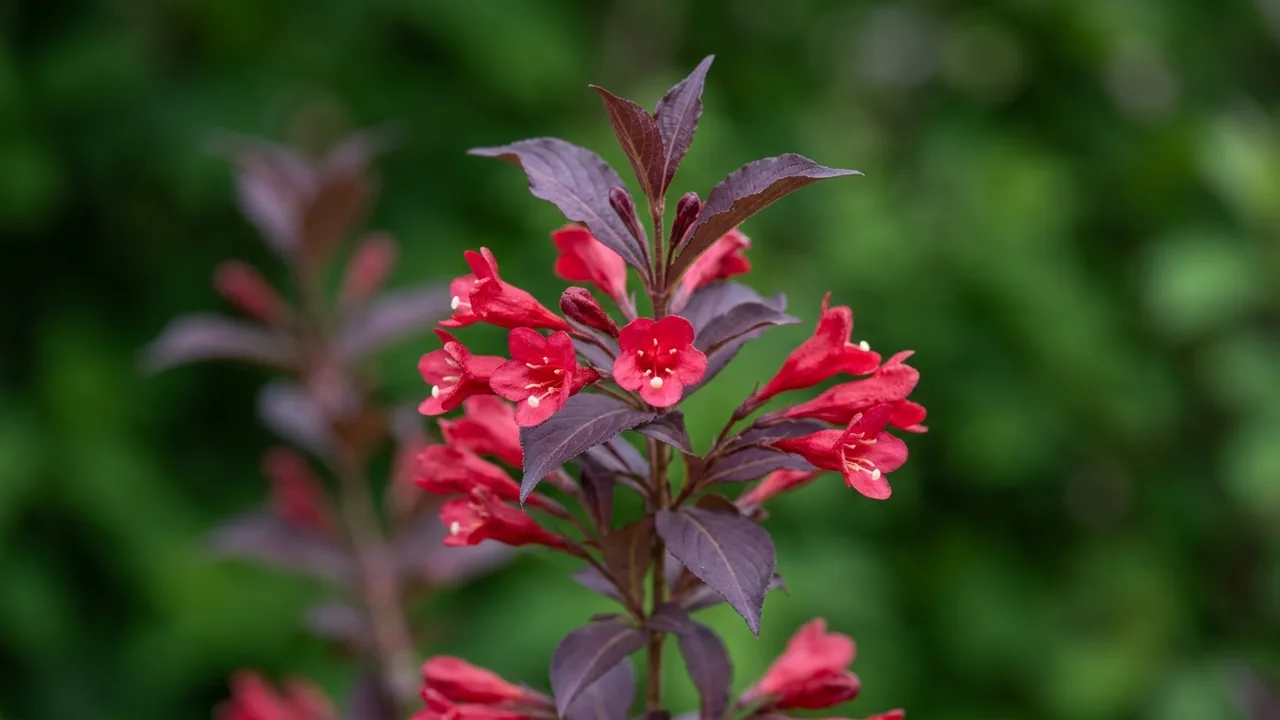 Electric Love Weigela (Weigela florida 'Zr1') - red flowers, illustrated plant card