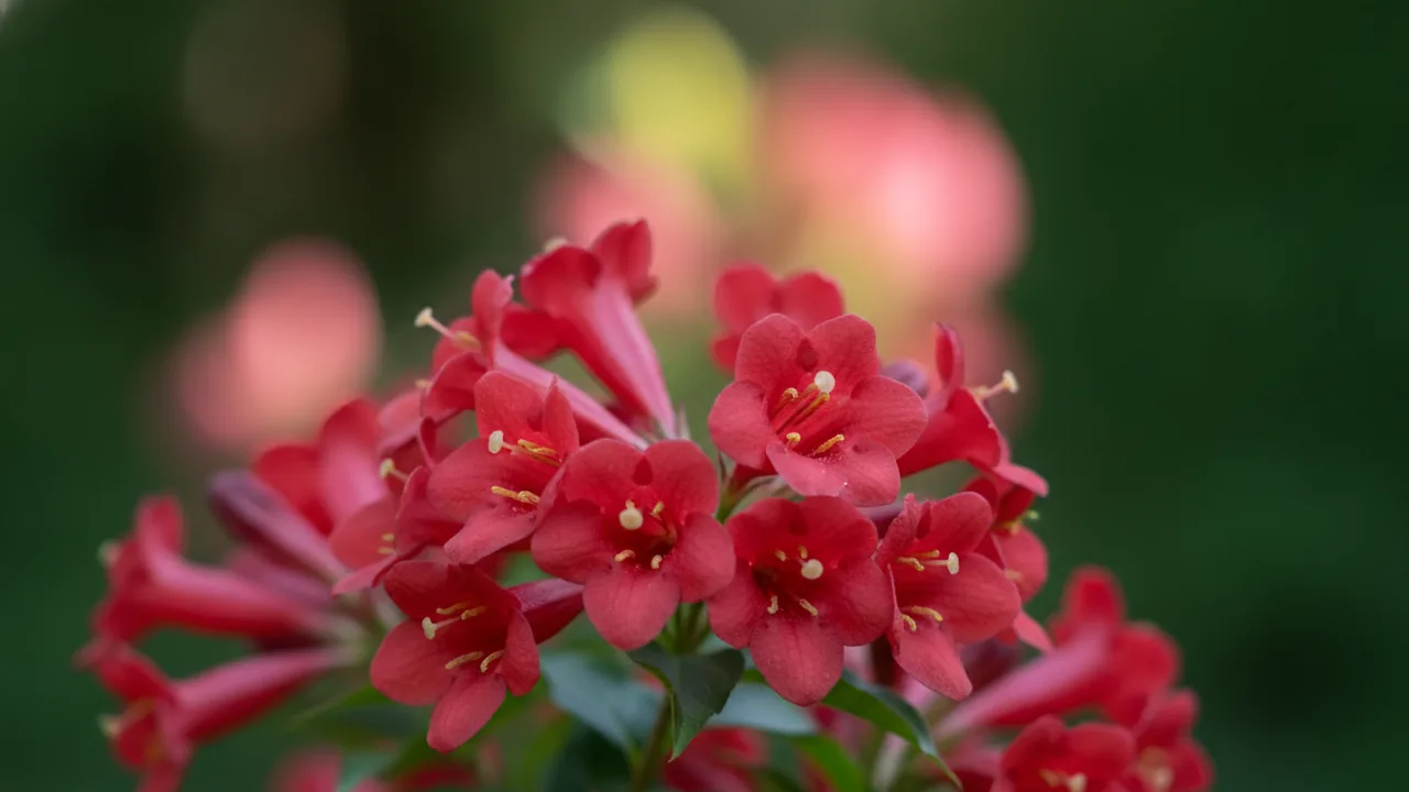 Java Red (Weigela florida 'Java Red') - pink flowers, illustrated plant card