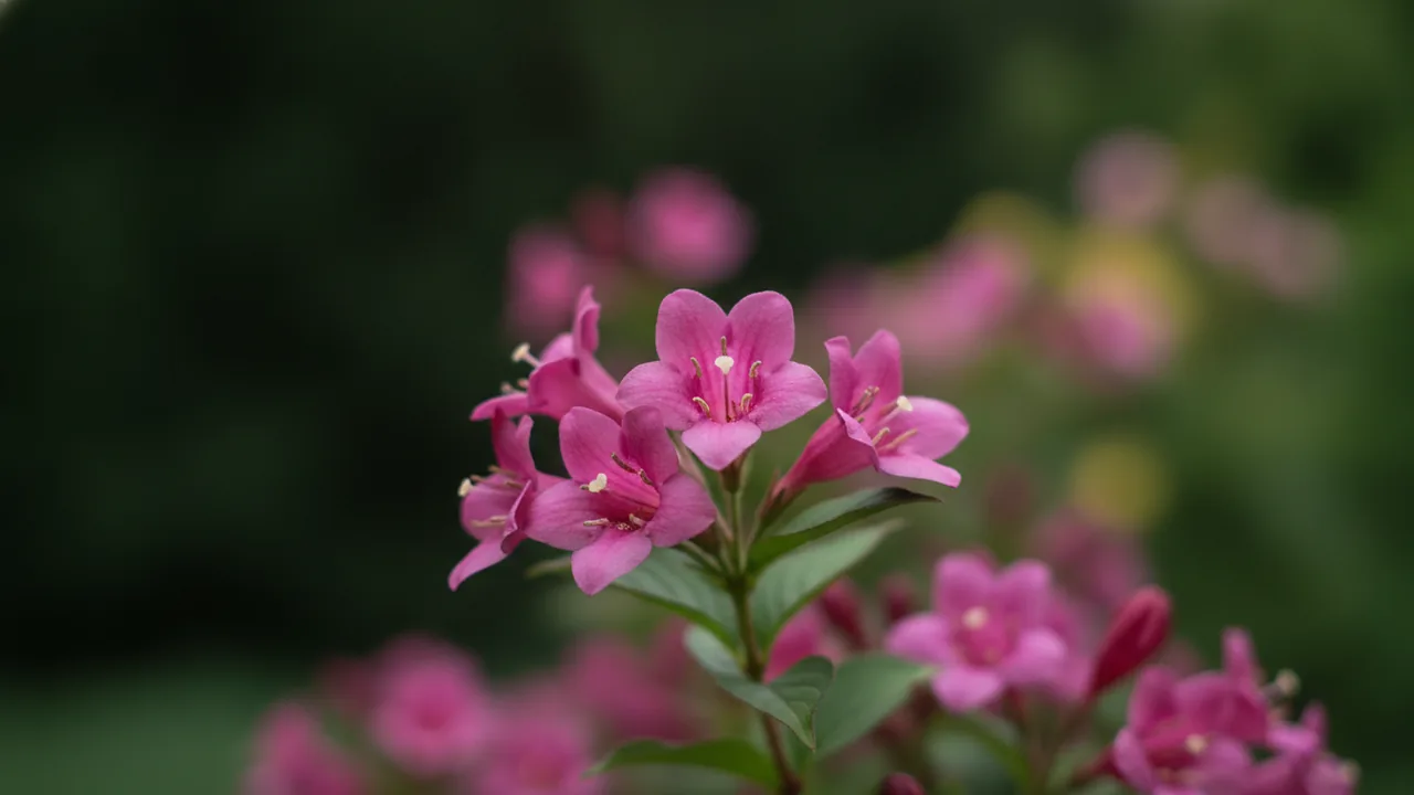 Minuet (Weigela florida 'Minuet') - pink flowers, illustrated plant card