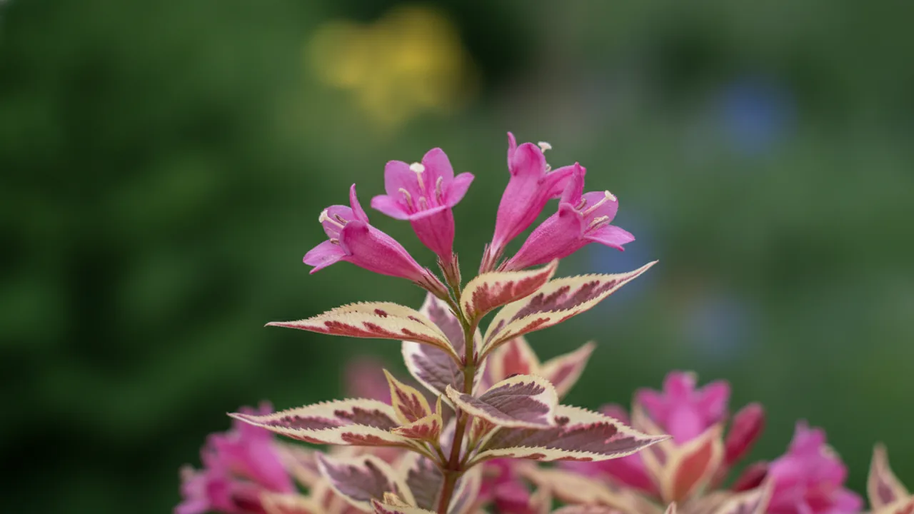 My Monet (Weigela florida 'My Monet') - pink flowers, illustrated plant card