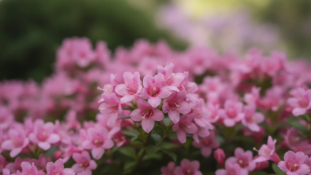 Pink Delight (Weigela florida 'Pink Delight') - pink flowers, illustrated plant card