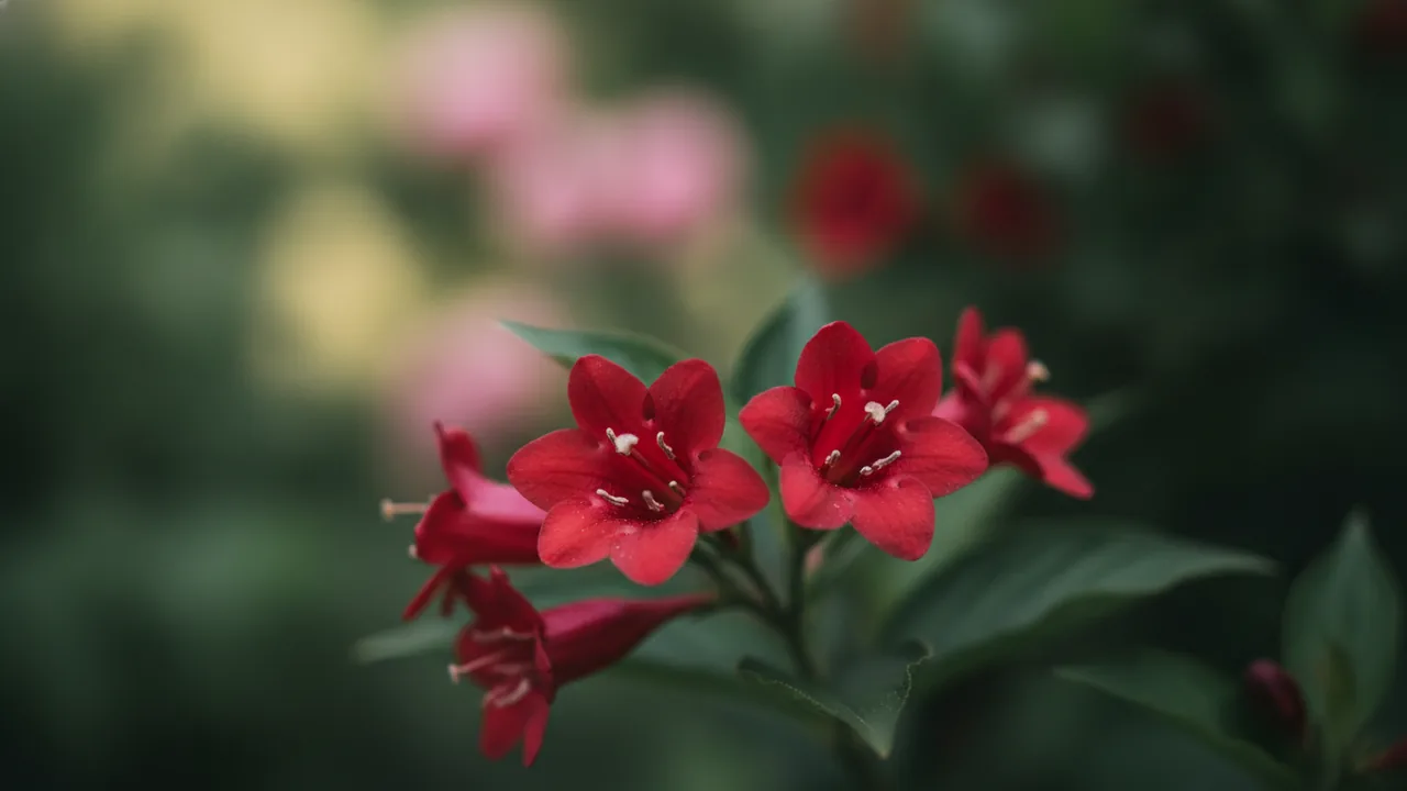 Red Prince (Weigela florida 'Red Prince') - red flowers, illustrated plant card