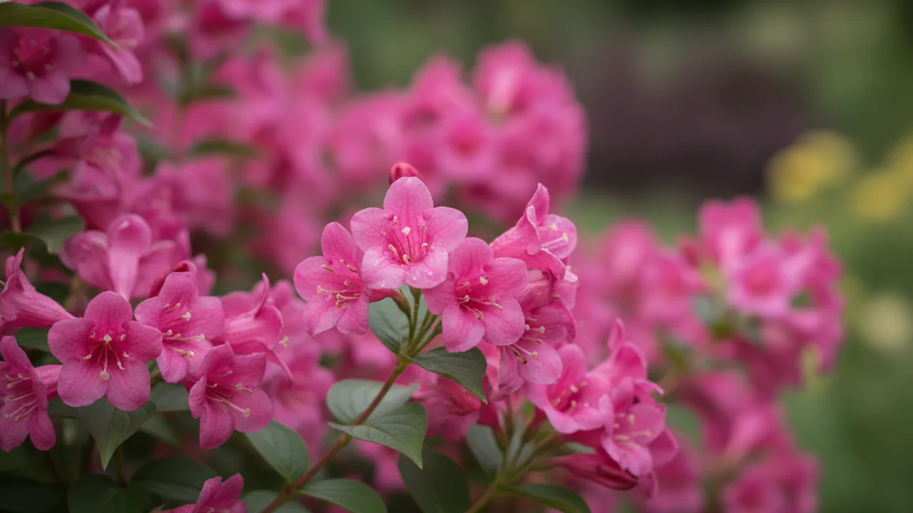 Sonic Bloom Pink (Weigela 'Sonic Bloom Pink') - pink flowers, illustrated plant card