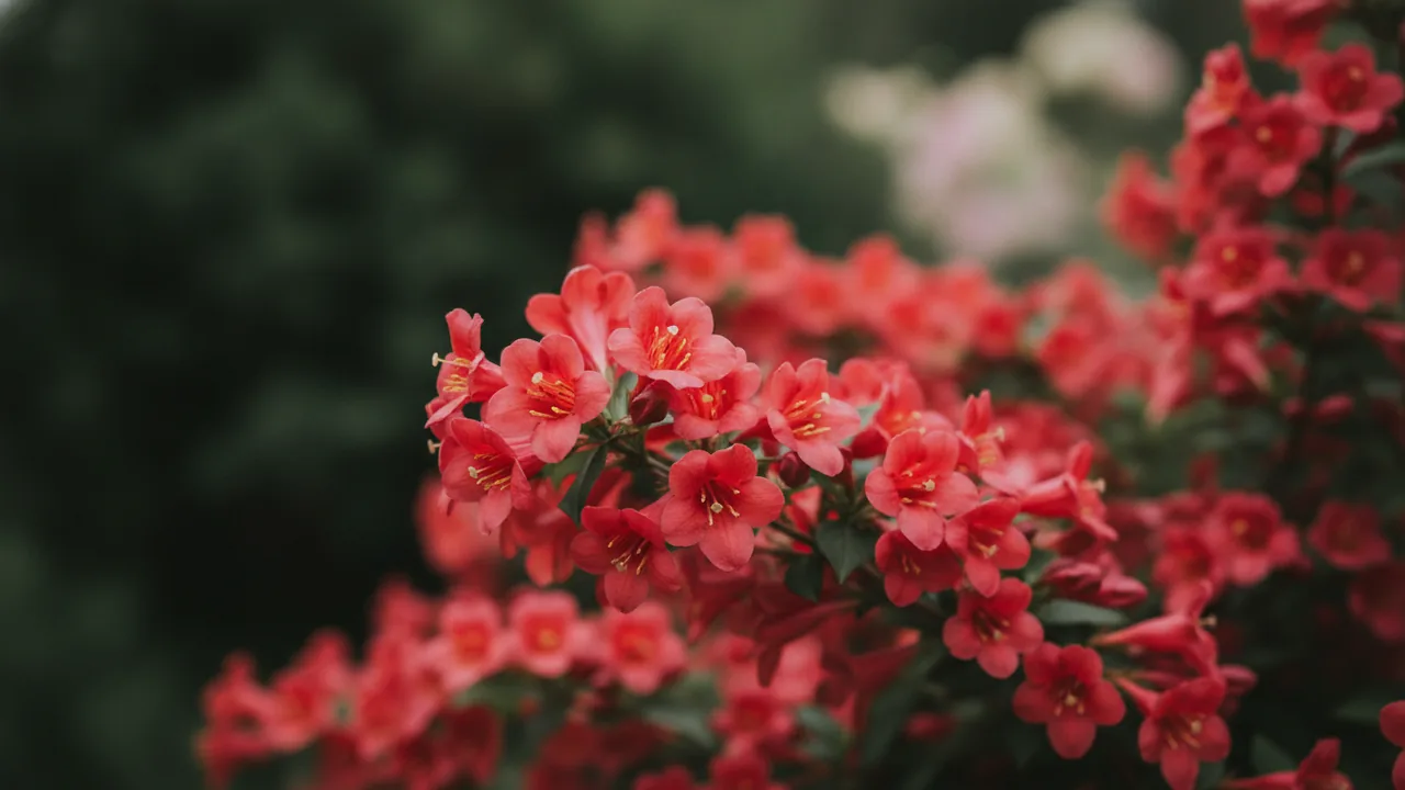 Sonic Bloom Red (Weigela 'Sonic Bloom Red') - red flowers, illustrated plant card