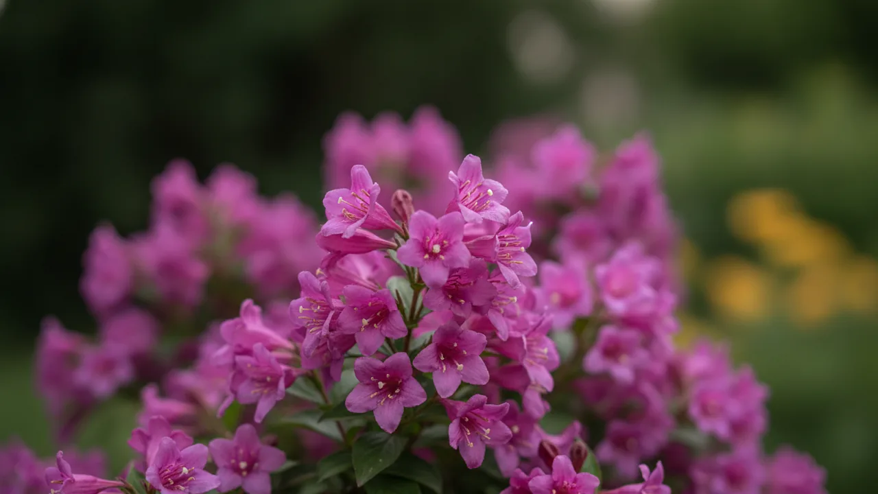 Spilled Wine (Weigela florida 'Spilled Wine') - pink flowers, illustrated plant card