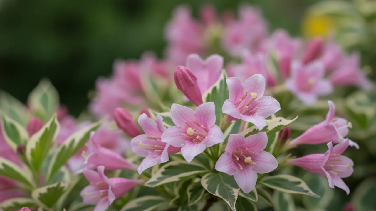 Variegata (Weigela florida 'Variegata') - pink flowers, illustrated plant card