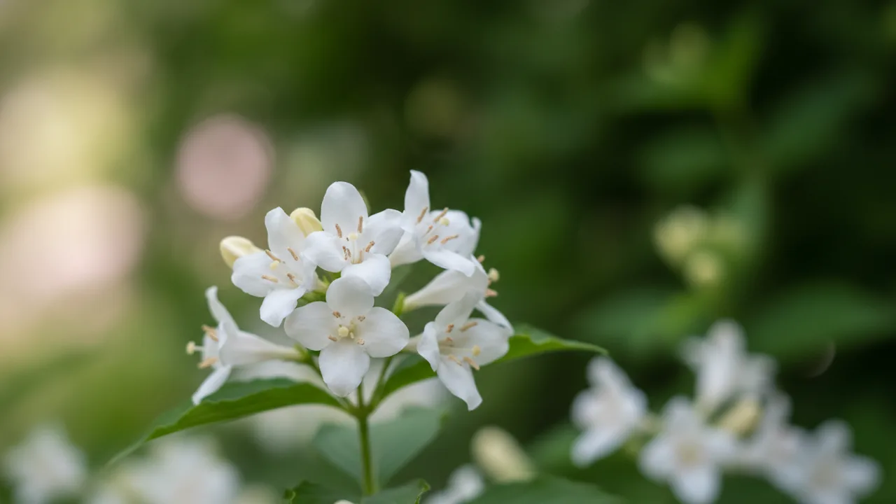 White Knight (Weigela florida 'White Knight') - white flowers, illustrated plant card